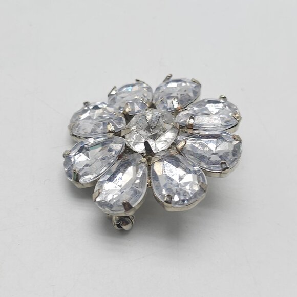 Vintage Crystal Flower Brooch Silver Rhinestone Cluster Pin - Picture 2 of 4
